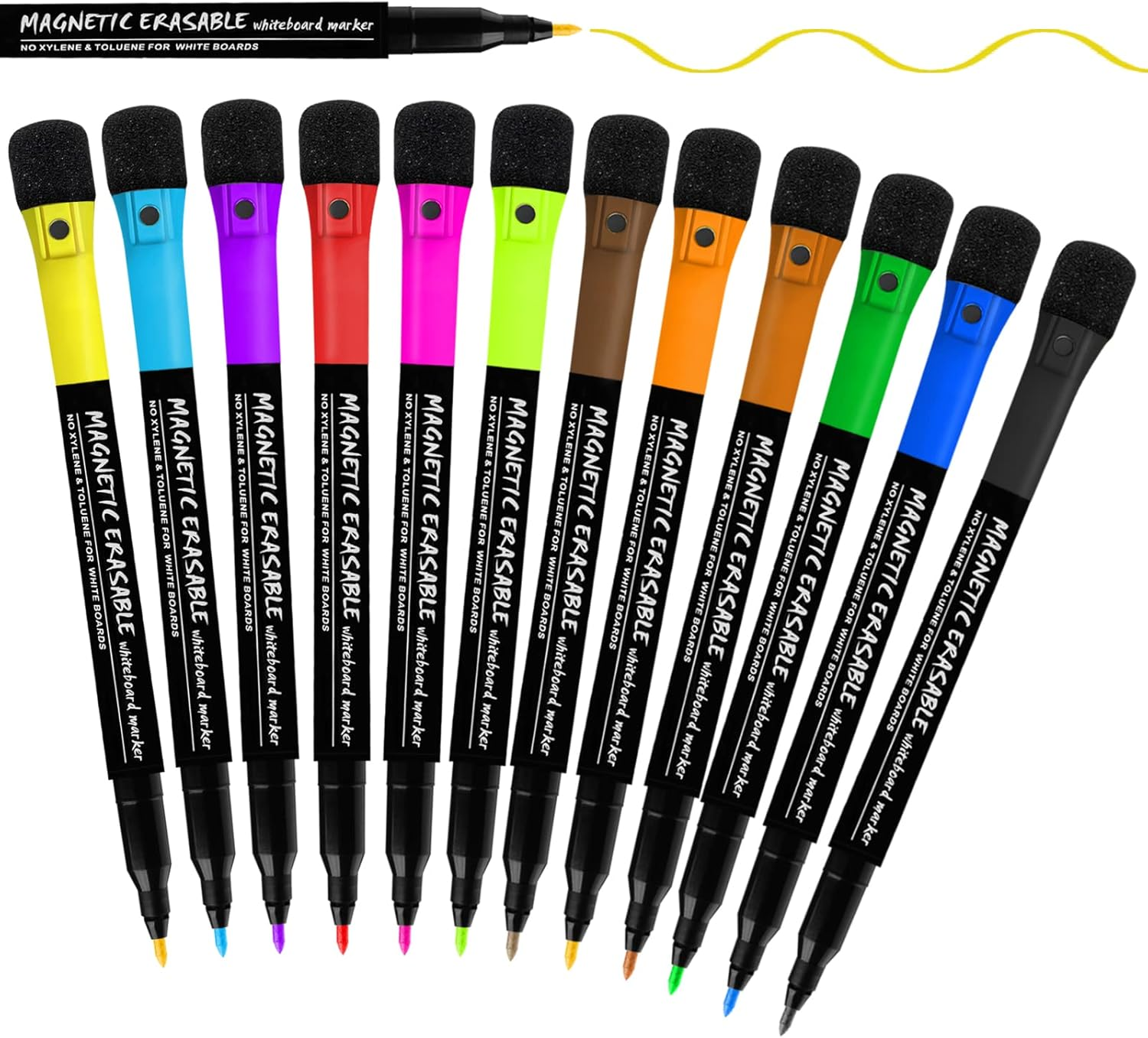 Whiteboard Pens - 12 Magnetic Whiteboard Markers & Eraser Set, Fine Tip Dry Wipe