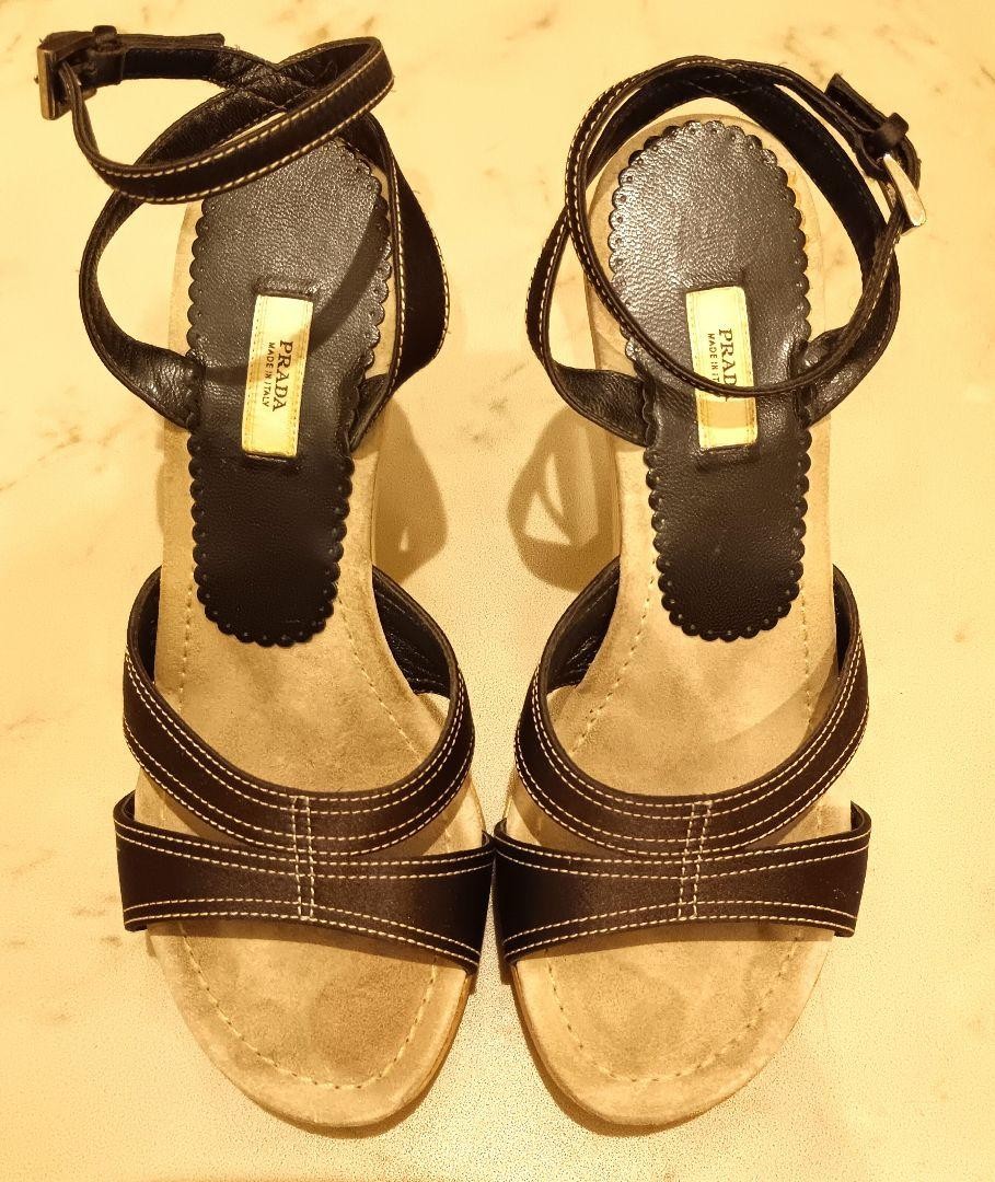 【PRADA】lady's サテン スリッパ スクエアトゥ brown／black PRADA Women's Strap Sandals EU 36.5 Leather Dark Brown From