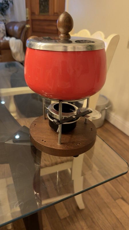 Vintage Red Enamelware Pot Saucepan Metal Lid Teak Wood Handle
