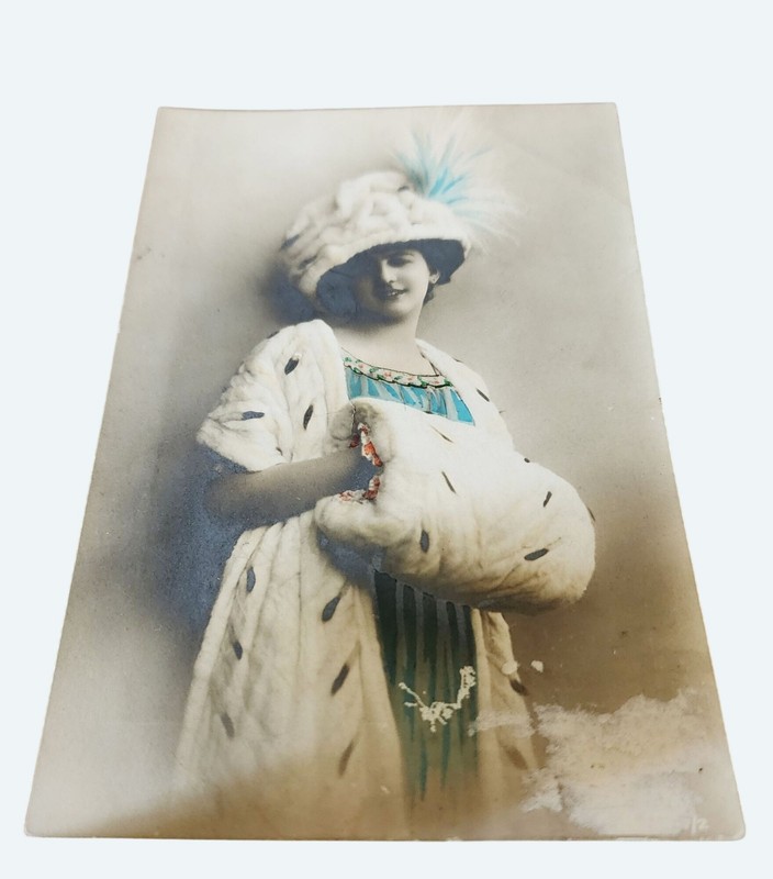 Antique Hand-Colored Postcard Elegant Woman In Fur Hat & Muff Printed Germany
