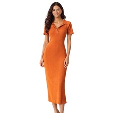 Caroline Constas Knit Maxi Dress Ribbed Collar Short Sleeve Orange S