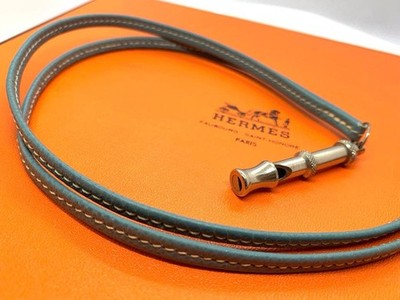 Original HERMES Damen Hundepfeife Leder Halskette Halsband hellblau Vintage