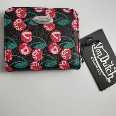 Von Dutch Black Cherry Zip-Around Wallet Bifold Logo Vegan Leather NEW!