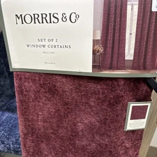 Morris & Co Mallow Burgundy Velvet Floral Back Tap Window Curtain 96” S/ 2 ~New~