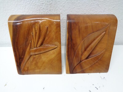 Vintage Wood Bookends Flower Hawaii Tiki Mid Century Modern Monkey Pod ?