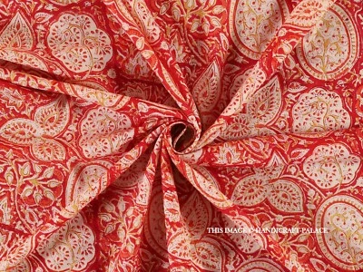 Indio Handmade Estampado Hand-Block Rojo Floral 100% Algodón Tela De 9.1m - Imagen 1 de 4