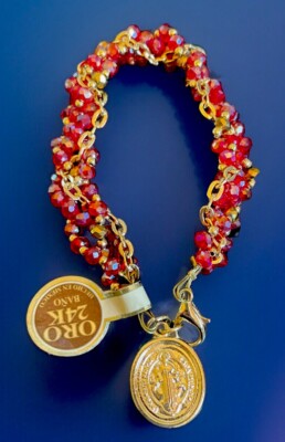 24k Gold Filled  Bano Oro Red Iridescent Crystal Chaplet, St Benedict Medal