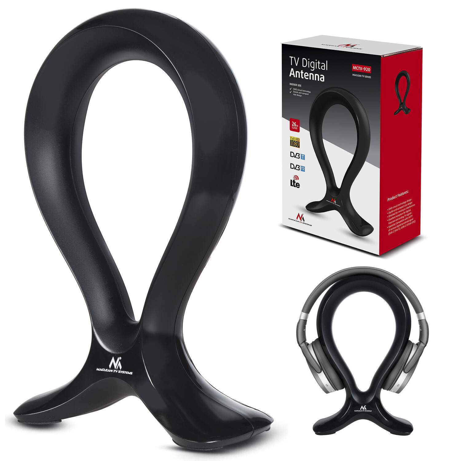 Antenne DVB-T2 HEVC avec support de casque intégré Maclean MCTV-92