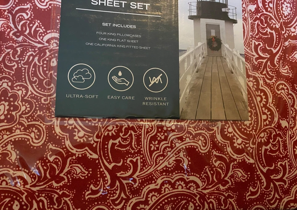 Queen Nautica 6 Piece Cal King Sheet Set Paisley Prance Red White Microfiber New - Image 2 of 2