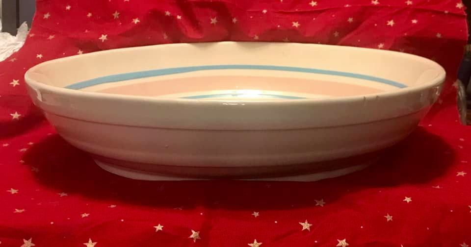 13.5" Extra Large McCoy Pink & Blue Banded Pasta / Salad Serving Bowl
