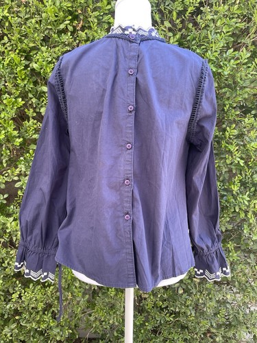 Topshop Pintuck Navy Ruffle Lace Blouse Women Long Sleeve Embroidered Victorian - Picture 5 of 11