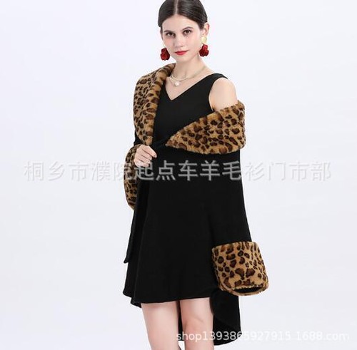 Loose Ladies Fur Collar Shawl Knitted Oversize coat Poncho Cape Leopard Print - Picture 4 of 12