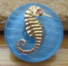 1-Czech Glass Gold Seahorse on a UV Reactive Front-Round Blue Button #20 21.72mm