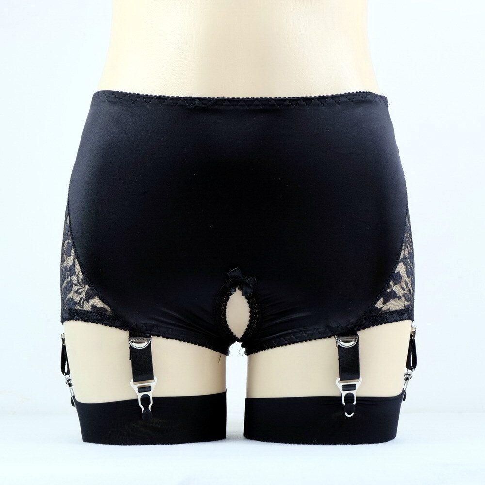 Luxallacki Crotchless Garter Panties 6 Straps Metal Clips Lace Satin  Lingerie