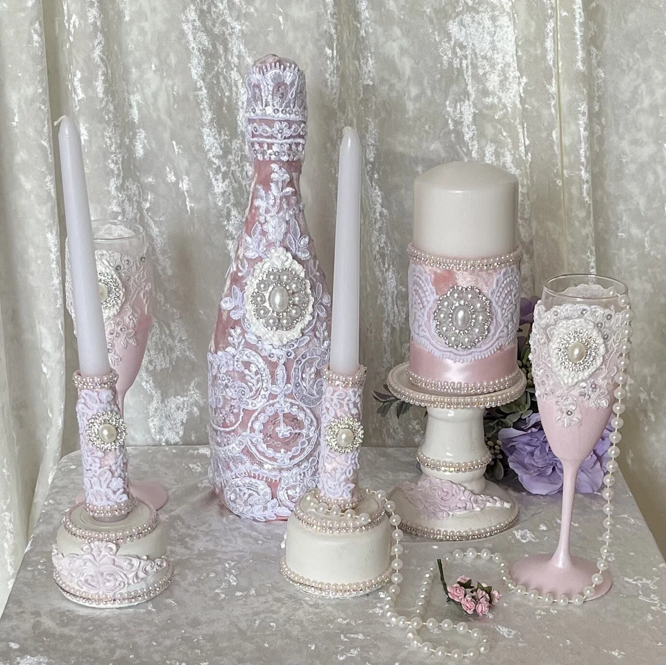 Wedding Champagne Toasting Set Flute  Ribbon/Pearls/Rhinestones/Rhinestone - Image 3 of 4