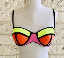 80  s 90  s Balconette Bustier Neon Color Block Bikini Swimsuit Top Juniors Large