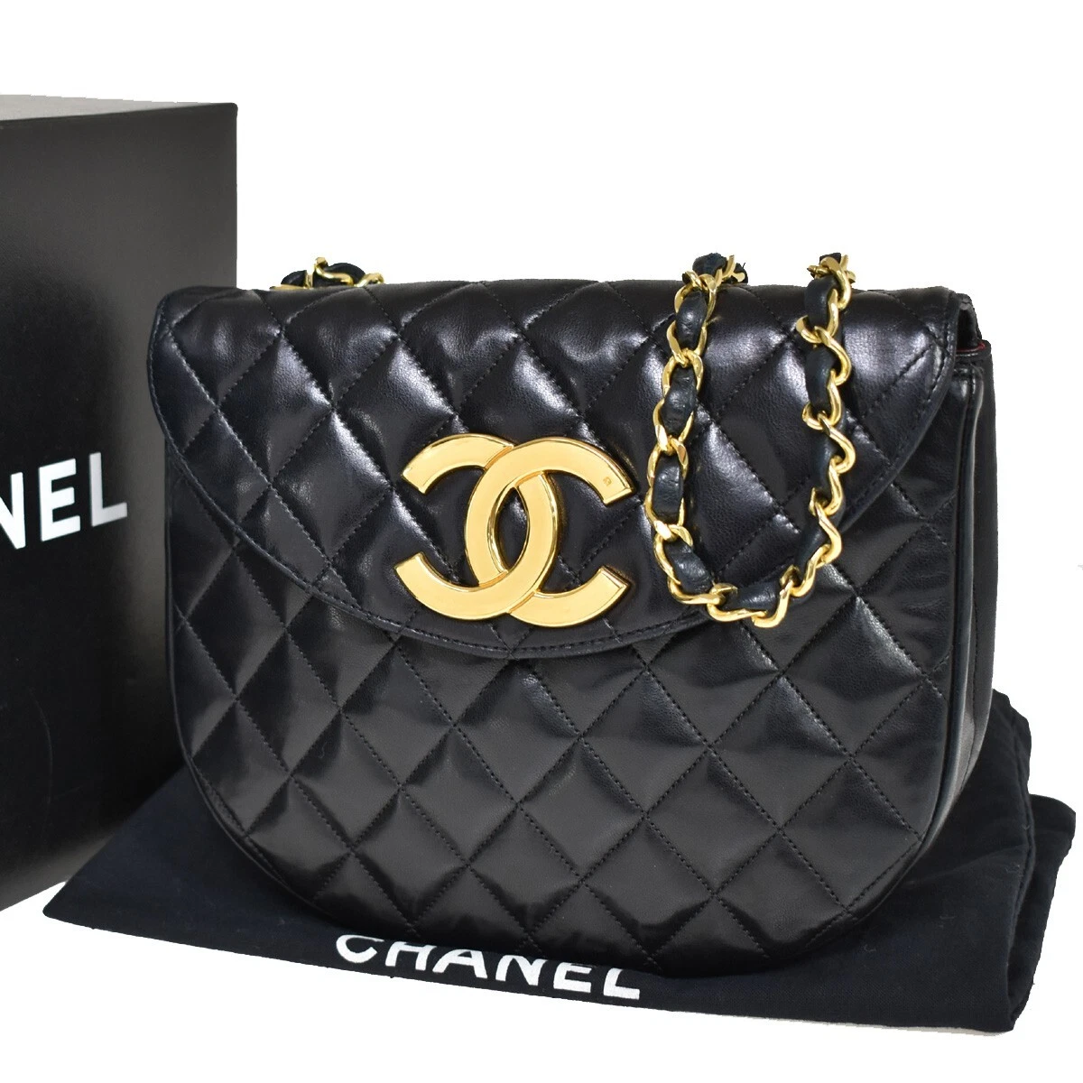 CHANEL CC Logo Half Flap Quilted Chain Shoulder Bag Leather Black