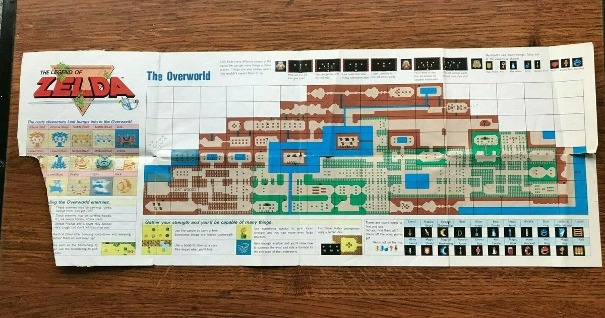 Legend of Zelda Foldable Map Poster Nintendo NES Instruction 
