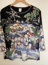 Jess & Jane Christmas Shirt Top Size Large Painted Scenic Snowmen Village Womens