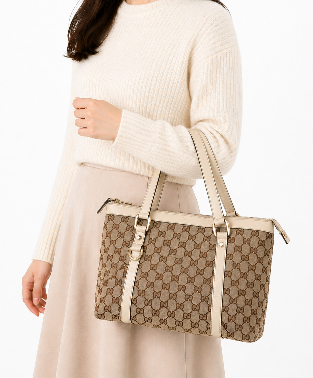 Gucci GG Canvas Abbey Tote bag Leather Handbag Dustbag Authentic