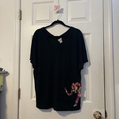 Chico s Size 3 XL Black Linen Top Floral Embroidered Elephant V-Neck Boho