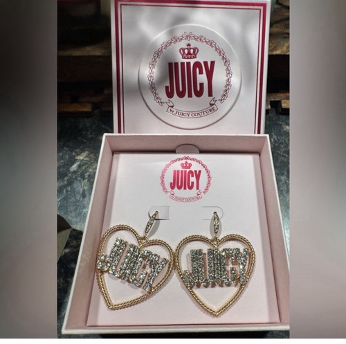 Juicy Couture Logo Heart Gold Tone Crystal Rhinestone Dangle Hook Earrings