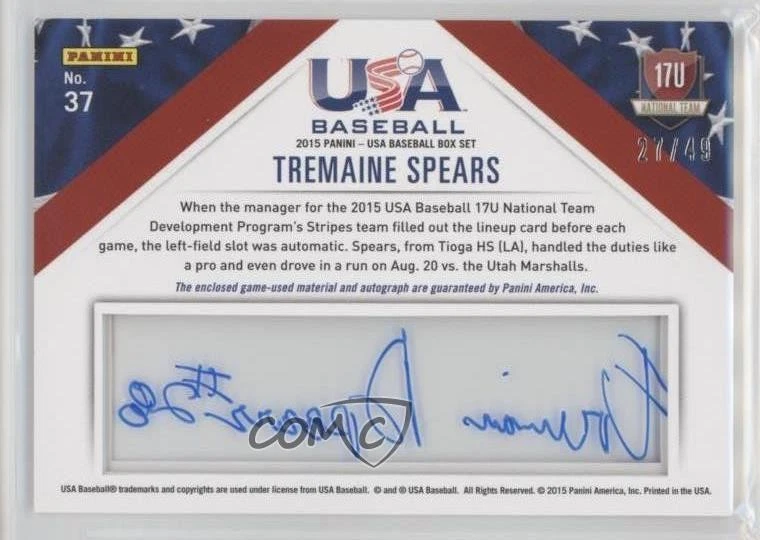2015 Panini USA Baseball Prime /49 Tremaine Spears #37 Auto - Image 2 of 2