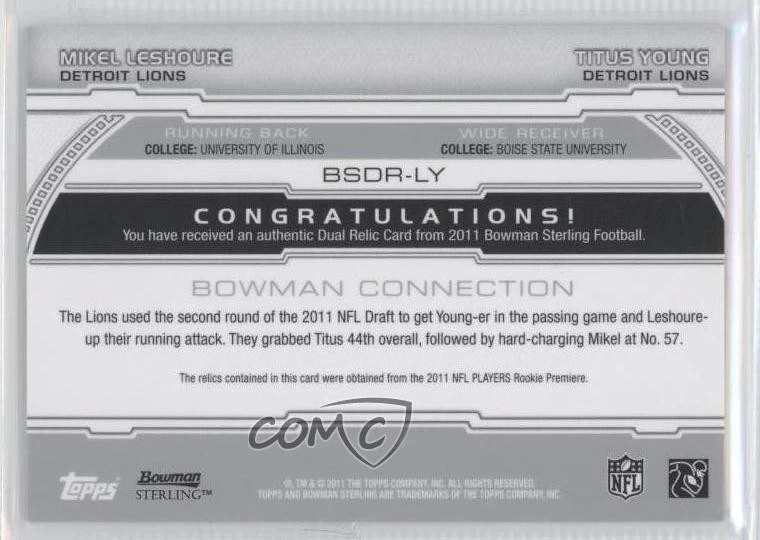 2011 Bowman Sterling Box Topper Dual Relic Mikel Leshoure Titus Young Rookie RC - Image 2 of 2