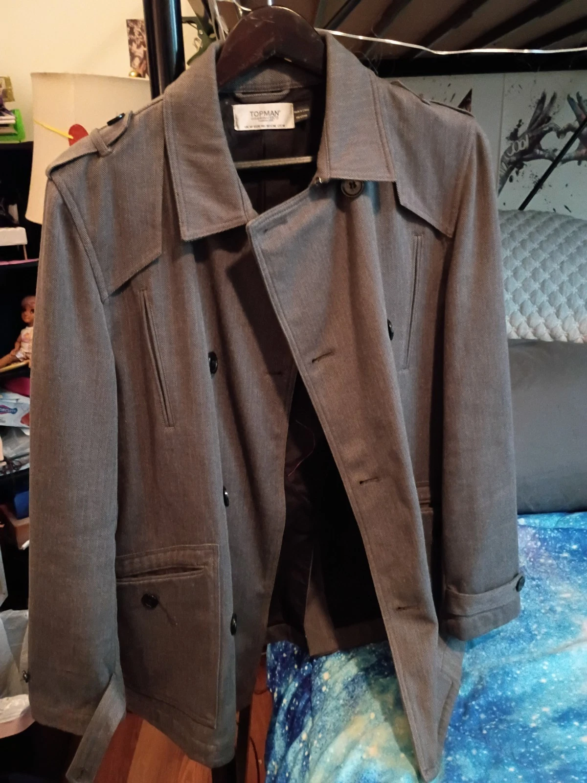 Topman 1978 Men's Medium Grey Double-Breasted Military Trench Coat Jacket" image 1