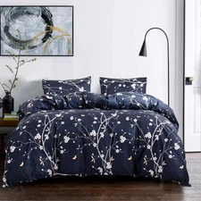 Floral Duvet Cover Set Queen Comforter Full Navy Blue Bedding 90x90 with 2