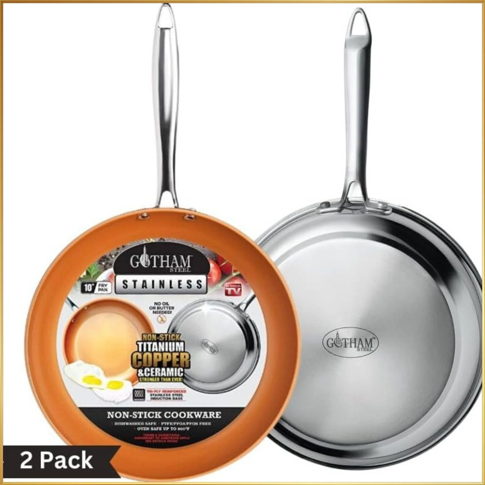 Stainless Steel Non Stick 10" Frying Pan W/Diamond Coating Skillet Pan Set, 2Pk