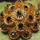 Vintage AB Peacock Crystal Medallions Dome Brooch Blue Gold Costume Jewelry Pin