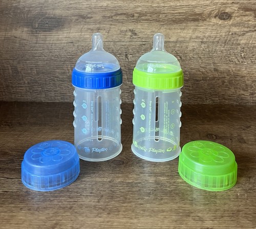 VTG Playtex Baby Bottles 4 Oz Drop Ins Nursers Clear Nipples Trains Ducks Frogs
