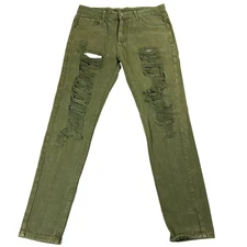 Distressed Olive Green Skinny Jeans Mens 30 Ripped Grunge Streetwear Retro Style