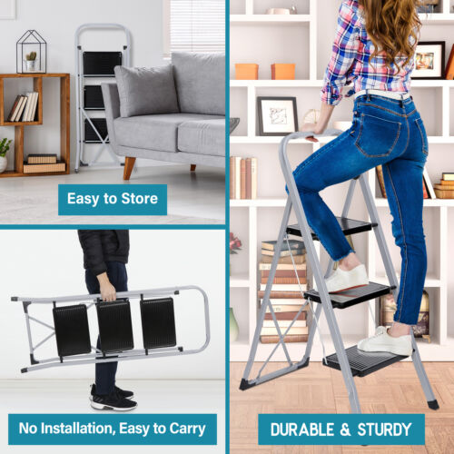 Folding 3 Step Ladder w/ Convenient Handgrip Portable Step Stool Anti-Slip Pedal - Picture 5 of 24
