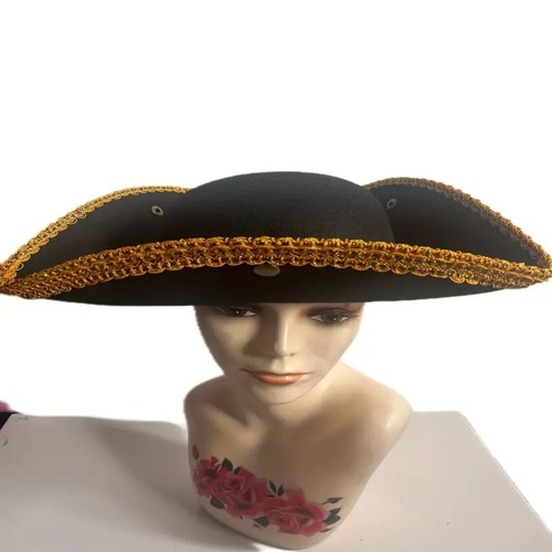 Golden Lace Trim Black Felt Pirate Triangle Hat With Snaps - Picture 5 of 9