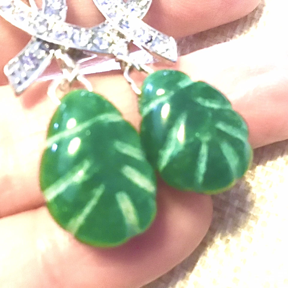 EMERALD EARRINGS W STERLING SILVER HANDCARVED 100% NATURAL 35CARATS GOODQUALITY - image 2 of 3