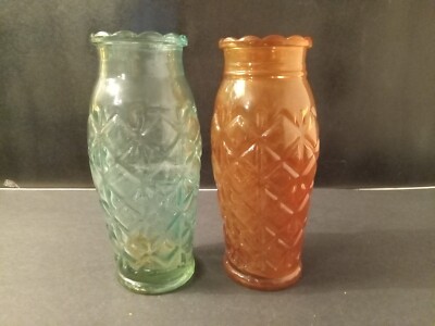 Quilted Diamond Pattern Glass Vase Blue Orange Flower Vases Set of 2