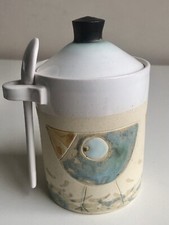 Pilet Ceramic Bird Jam Honey Sugar Preserve Jar Pot + Lid & Spoon hand made