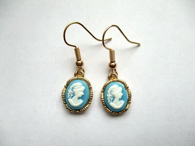 SMALL BLUE CAMEO OVAL DROP DANGLE EARRINGS 12MM UK