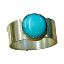 Handmade Wide Band Turquoise Silver Ring Size 6.75