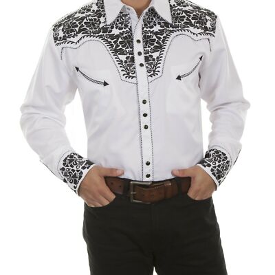 Scully Mens Floral Tooled Embroidery White & Black Shirts P-634
