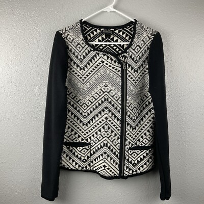 Lucky Brand Zip Knit Cardigan Sweater Black White Southwest Pockets Cropped Sz L