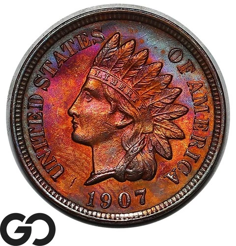 1907 Indian Head Cent Penny, Awesome Color, Solid Gem BU++