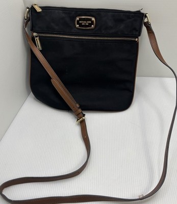 Michael Kors Small Nylon Leather Crossbody Bag Purse, Black Tan 10 By 10.5 