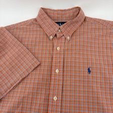 Ralph Lauren Mens Orange Plaid Short Sleeve Button Down Shirt Polo Pony Logo XL