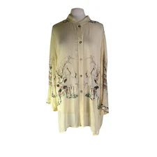 Citron Santa Monica Asian Sheer Crane Print Button Down Tunic Blouse Artsy Silk