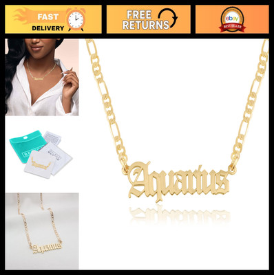 Personalized Zodiac Name Necklace - Gothic Nameplate on Figaro Chain - 12 Astrol