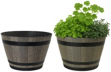2 x 18L Plastic Barrel Effect Garden Planter Pot - Drainage Holes - Rustic Look