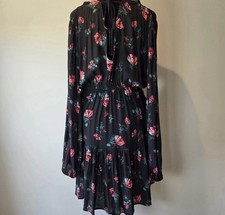 A New Day Black Floral Print Mini A Line Dress Size S Long Sleeve V Neck